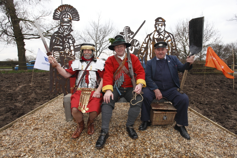 The soldier, Roman Centurion and train engineer on the Portrait Bench. Press Photography