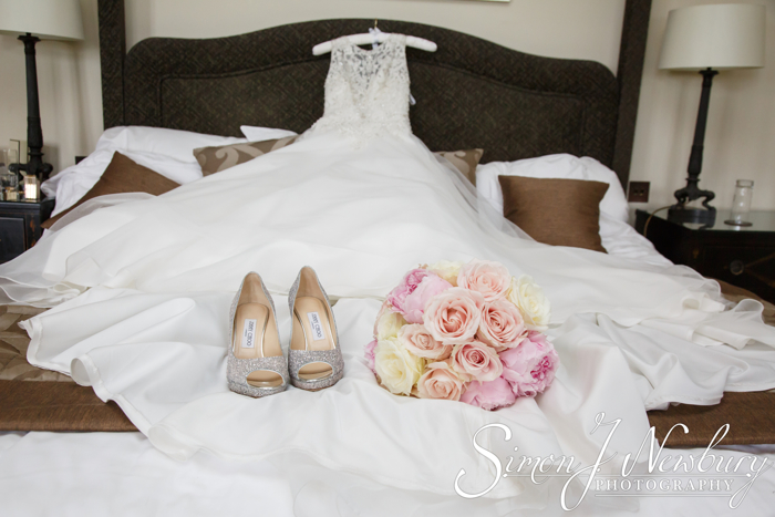 The Brides dress, bouquet and shoes